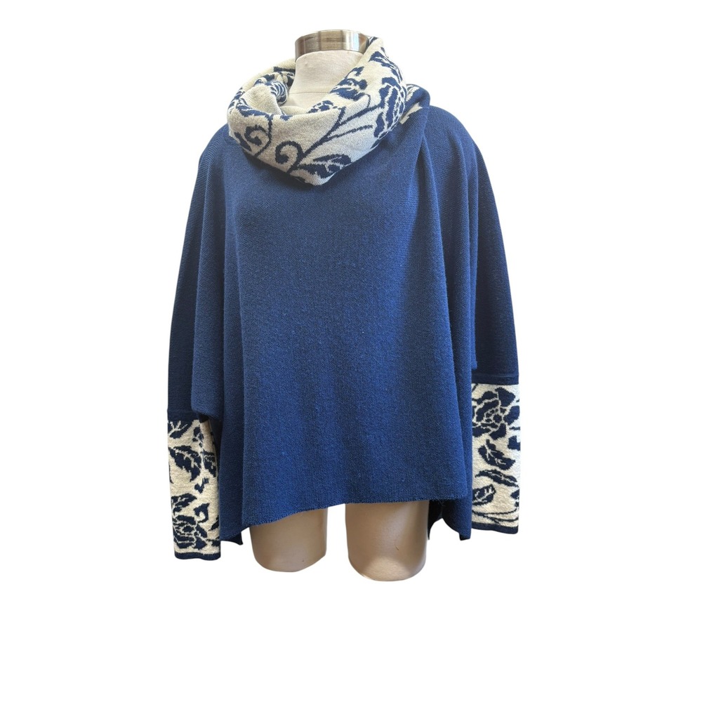 Simply Natural Alpaca Blue Cowl Neck Sweater Floral Trim Poncho Pullover OS‎